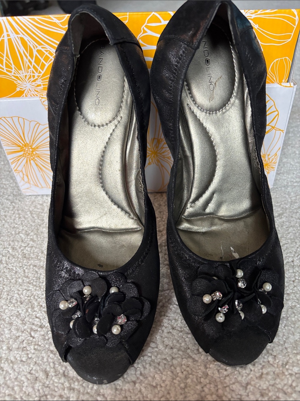 Bandolino Black Pearl & Crystal Flower Peep-Toe Flats